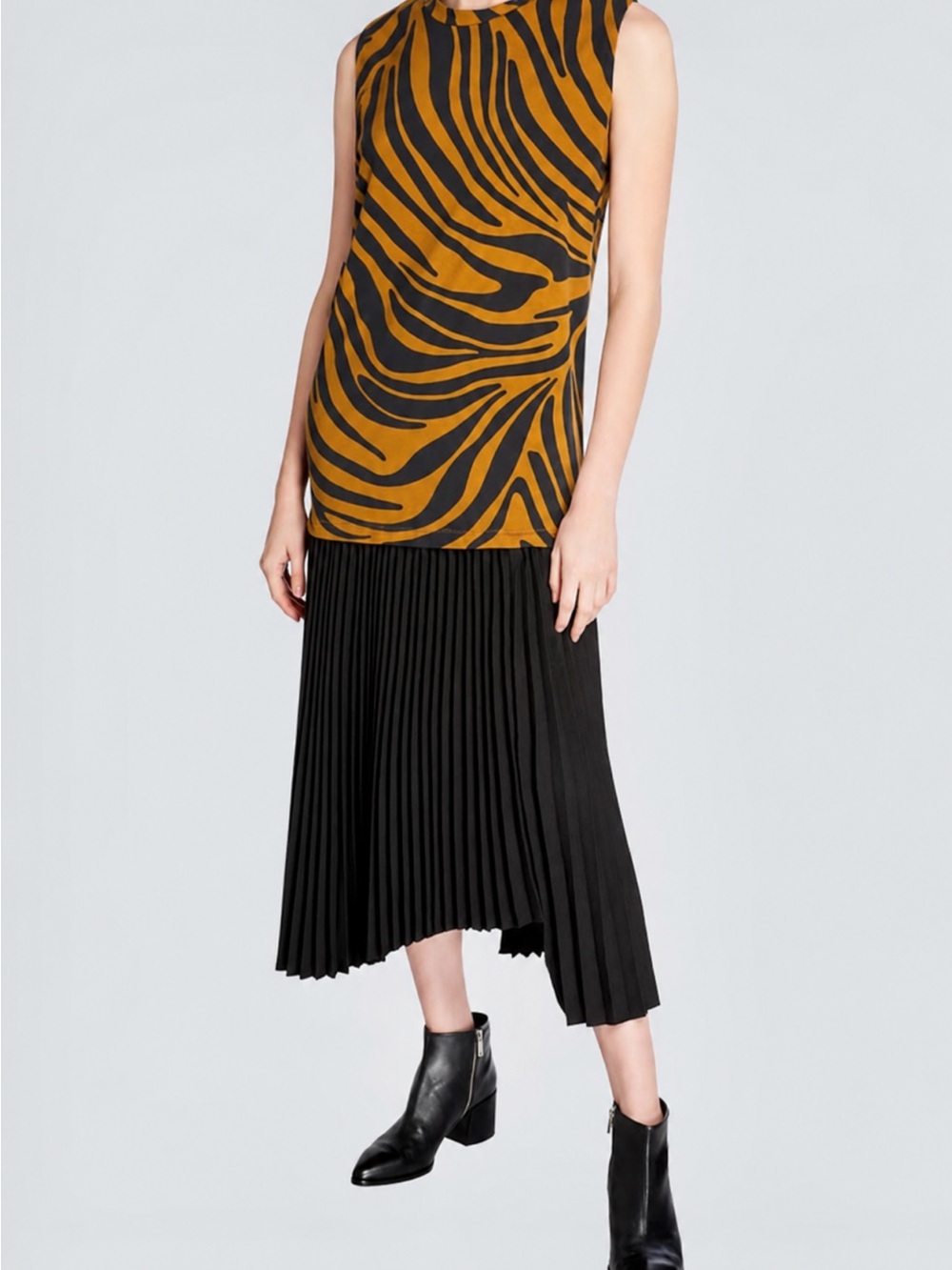 3.1 Phillip Lim Black Pleated Asymmetric Midi dress with zebra top